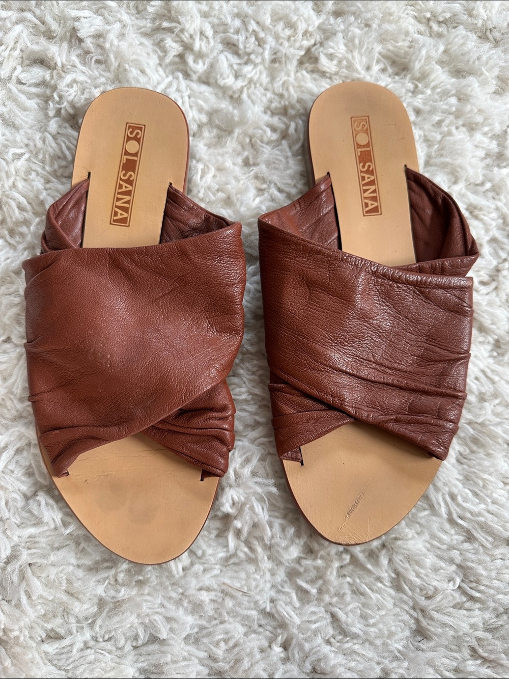 SOL SANA Y2K Luxury Bohemian Cognac Leather Twist Mule Slides Sz EU 36 = 6 EUC